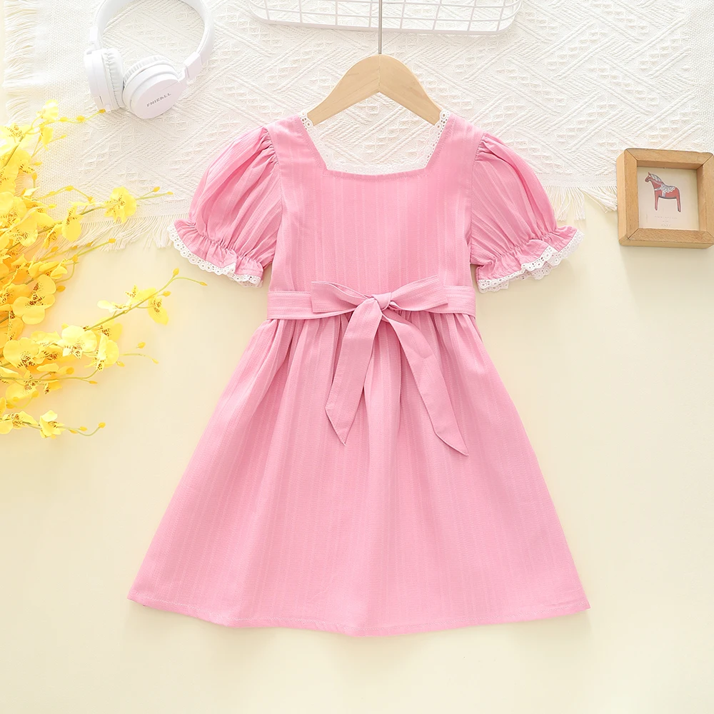 Girls dress Sweet summer pink lace dress Bow puffy sleeve A-line dress Birthday party dress Children\'s dress