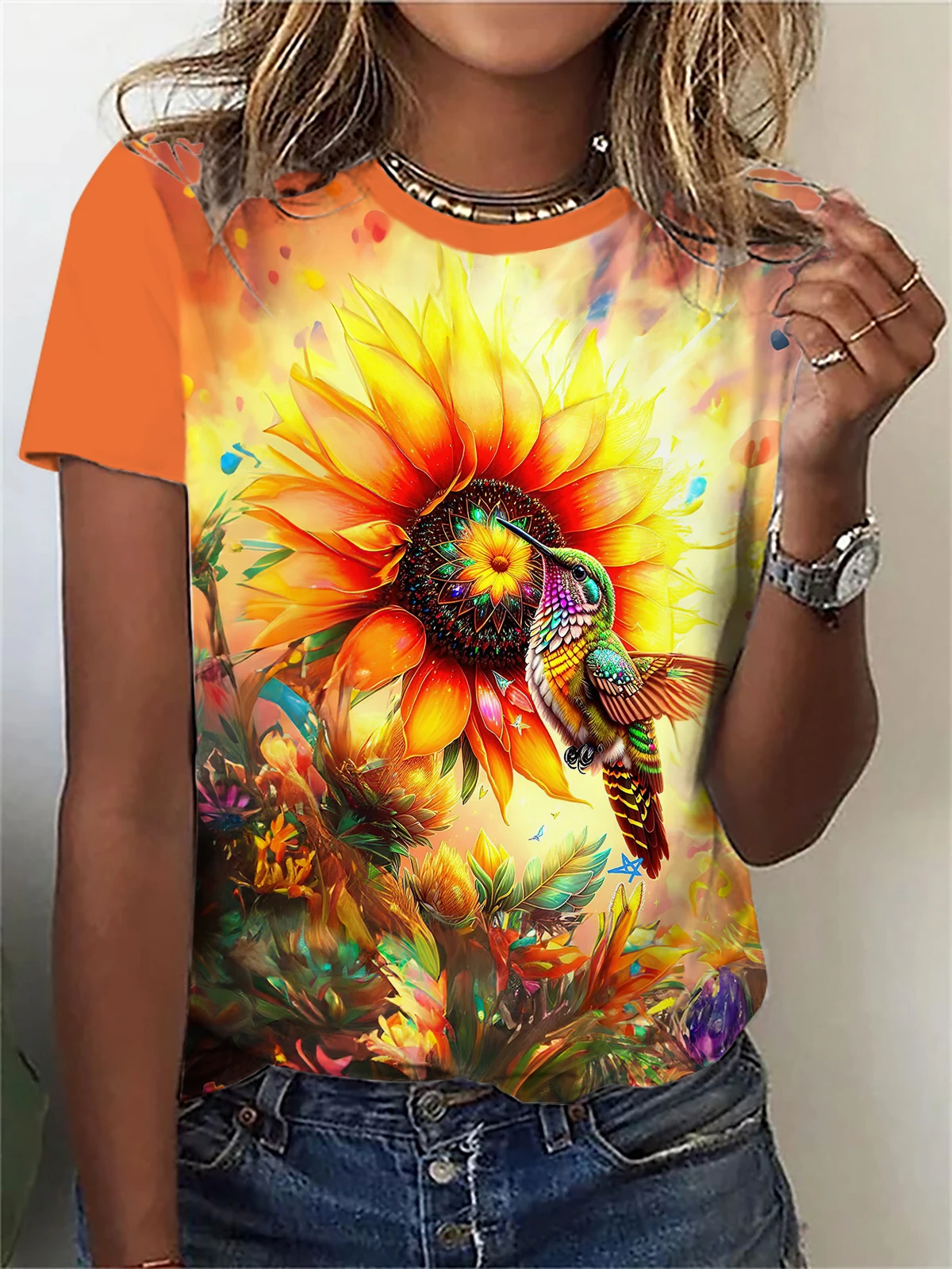 Femmes Streetwear Harajuku Décontracté Mode Y2k Manches Courtes T-shirt O-cou T-shirts Hauts Vêtements D'été Fleur Oiseau Impression 3D T-shirts