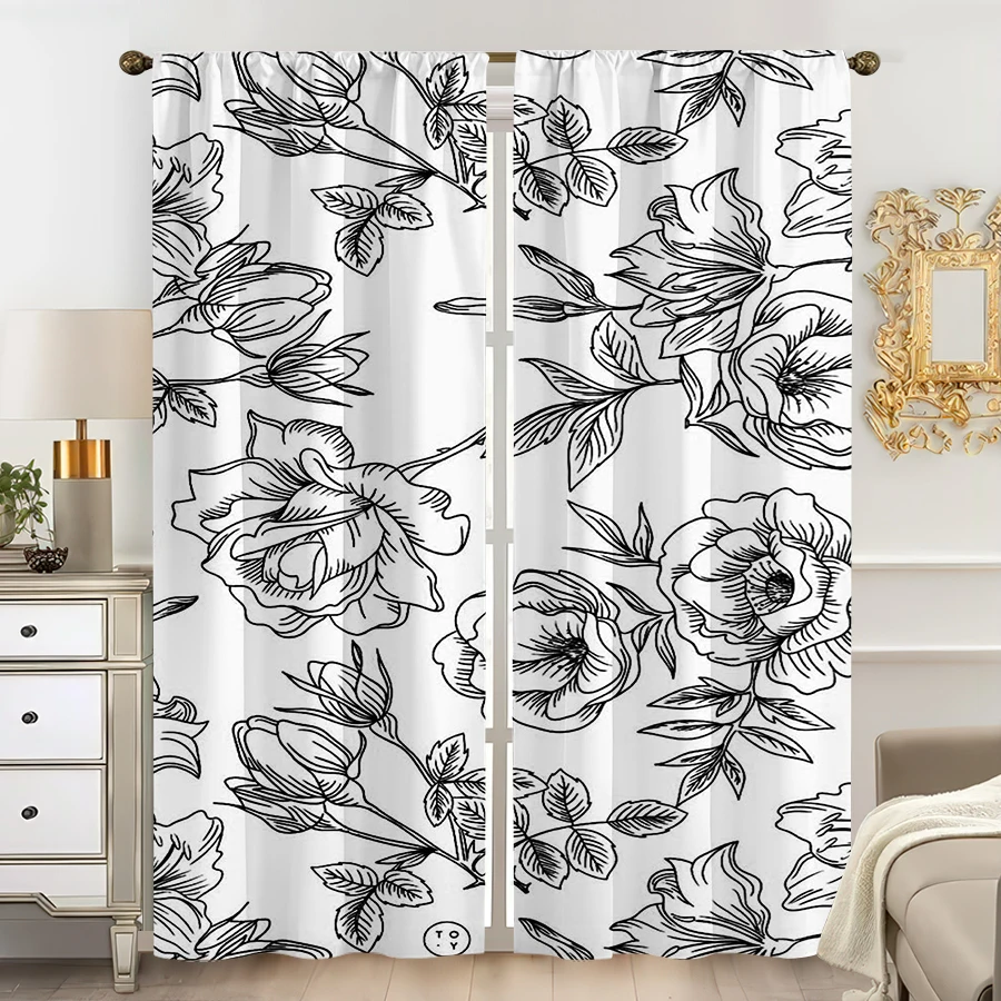 2 Cortinas con Estampado de Líneas de Rosas en Blanco y Negro, para Dormitorio y Sala de Estar, Estilo con Bolsillo para Barra