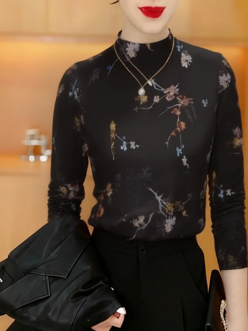 

Elegant Floral Print Knitwear Long Sleeve High Collar Fleece Lined Thickened Winter Top for Middle Aged And Elderly Women