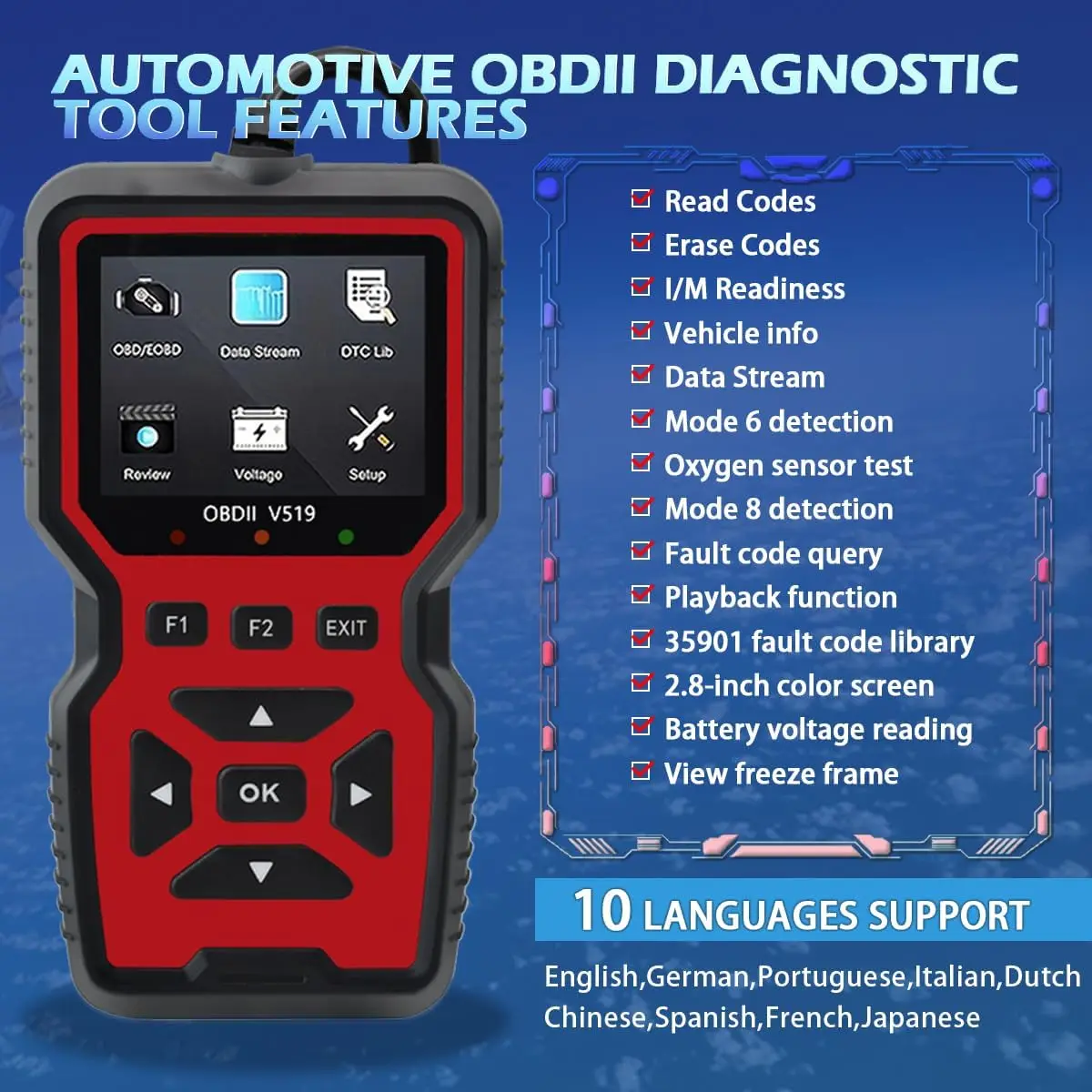 ماسح ضوئي Obd2 2025 - فحص قارئ رمز المحرك مع إعادة الضبط، جهاز اختبار البطارية، يدعم obd II (1996+) #2