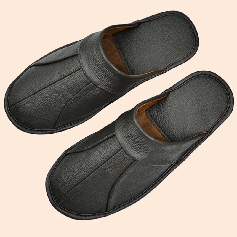 Men\'s Luxury Cow Split Leather Handmade Men Home Slippers Spring Slip on Soft Comfortable Black Brown Bedroom Indoor Flat Shoes