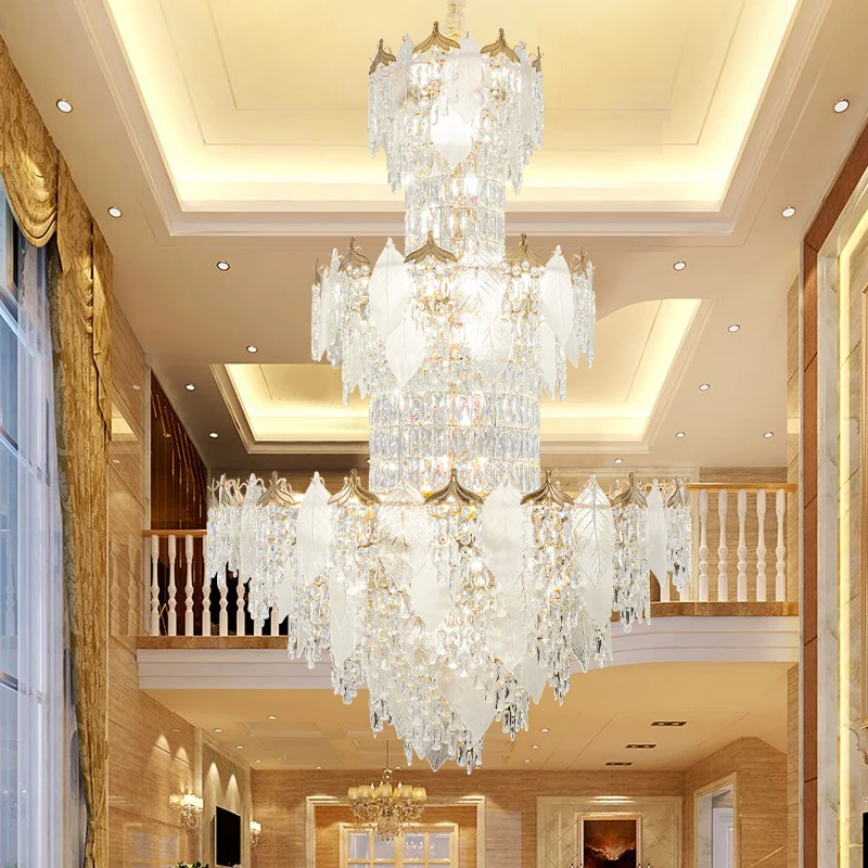 

Postmodern Duplex Crystal Chandelier Hall Villa Living Room Lamp Light Luxury M Id-floor Crystal Creative Leaf Pendant Light