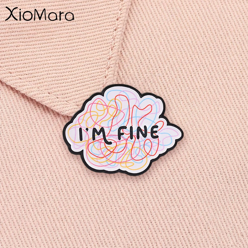 I'm Fine Mental Health Enamel Badge Messy Lines Brain Cloud Inner‑thought Pin Lapel Backpack Badge Jewelry Gift for Friends