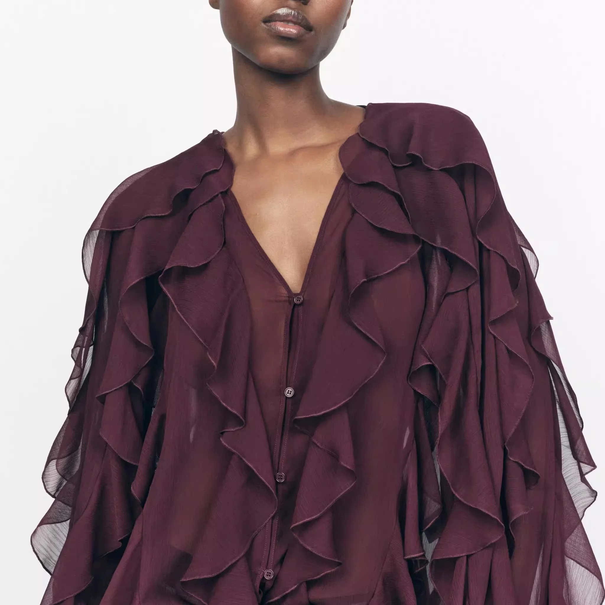 

Faionable V-Ne Long Sve Layered Decorative irt Women's Clothing ZW Series Spring 2025 Versatile Commute Sle Korean...