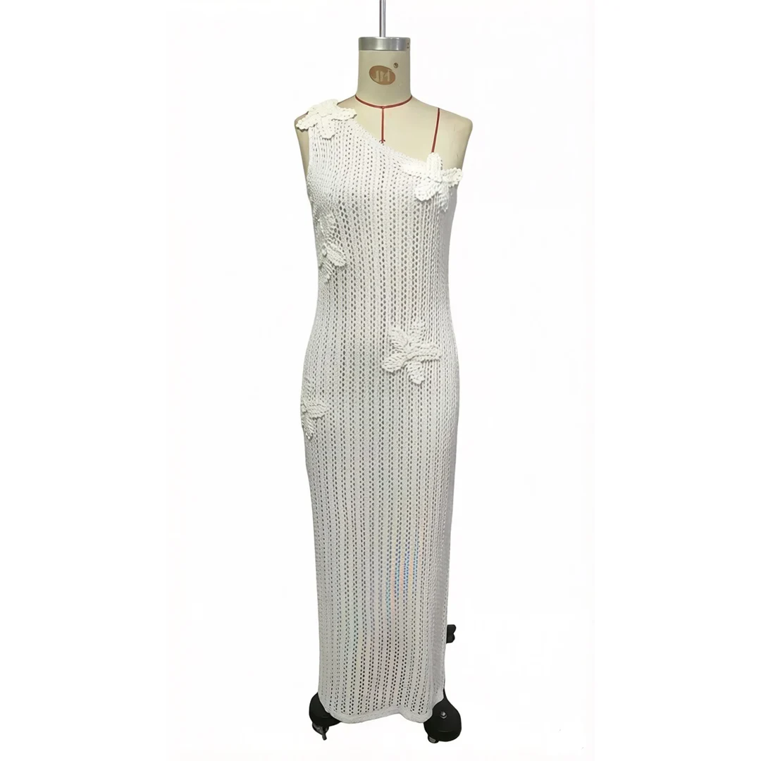 3D-Blumen, einseitiger Schnitt, einfarbig, gehäkelt, gestricktes Tunika-Oberteil, Strandkleid, Strandbekleidung, Damen, V8294 – Detail 5