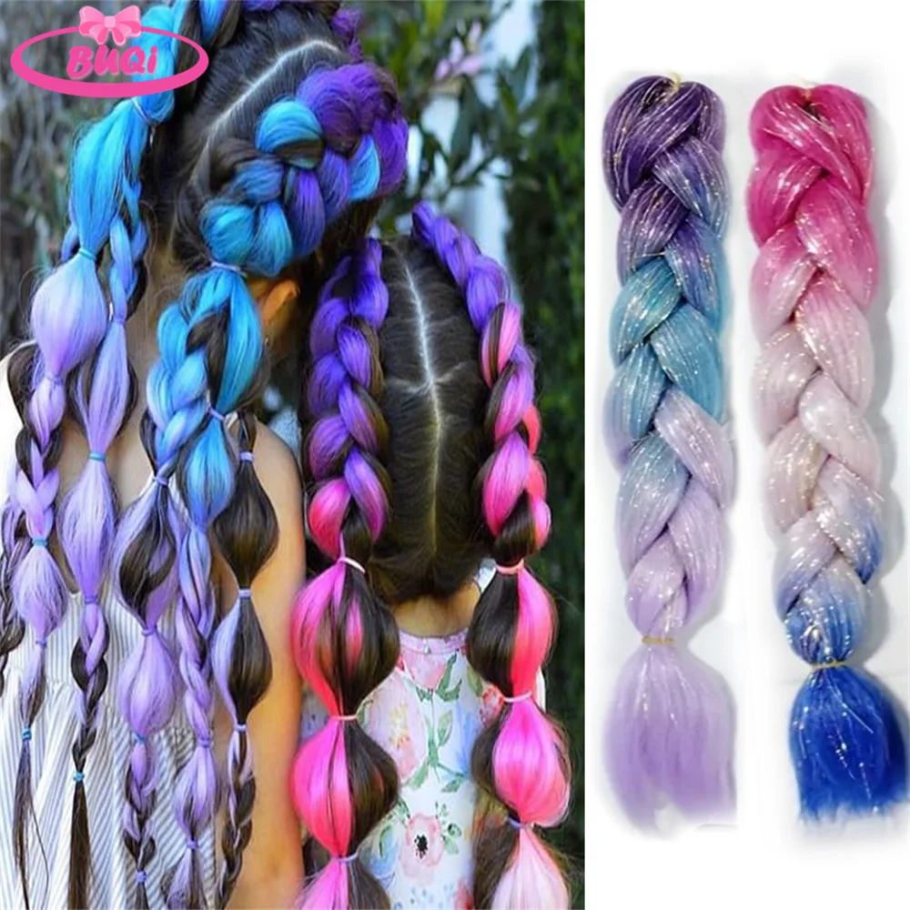 BUQI Colorful Ombre Ponytail Extension Hair With Laser Gold Braids DIY Braided Hairstyles 3 Color Ponytail For Y2K Braids Hair