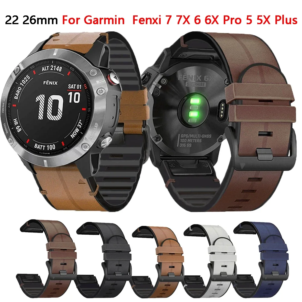 

QuickFit 26mm 22mm Leather Silicone Watch Band Straps For Garmin Fenix 7 7X 6 6X Pro 5 5XPlus Epix 2 Strap Replacement Bracelet