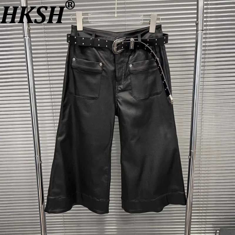 

Новые женские укороченные брюки с широкими штанинами из искусственной кожи, однотонные, с карманами, в стиле панк-стрит, с поясом, шикарные, ретро-тренд, HK18965