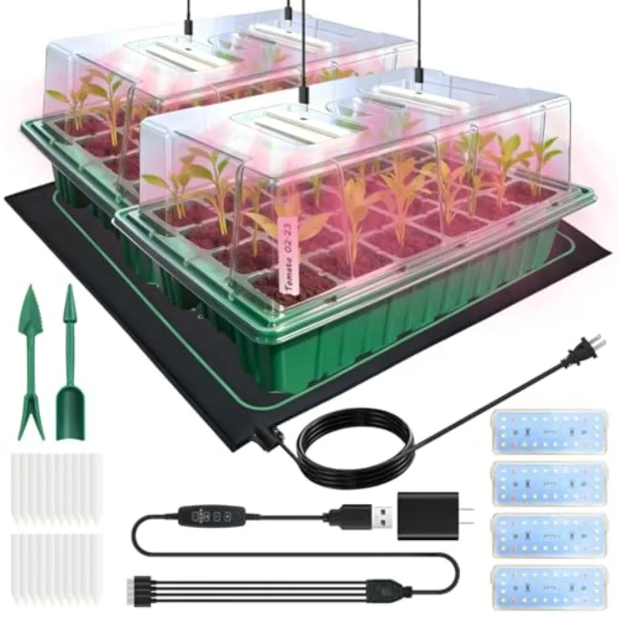 Seed Starter Trays Grow Lights and 2 Pack Seed Starter Kit Humidity Dome and Timing Controller Adjustable Vent and Brightness I