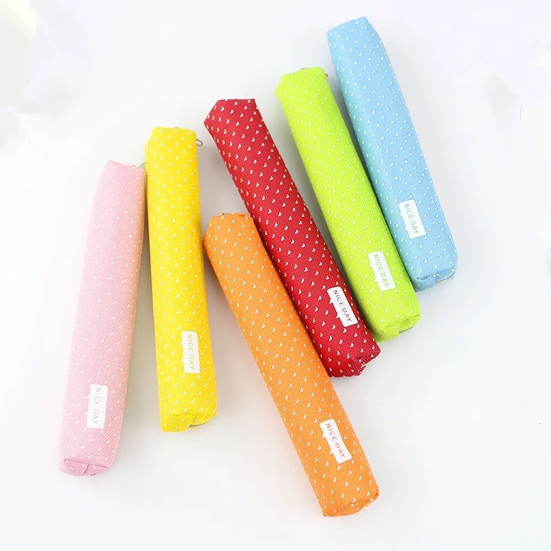 Strip Shape Candy Color Pencil Case Bag Dots Canvas Pens Storage Bag Stationery Pouch for Kids Girls Portable Lipstick Bag