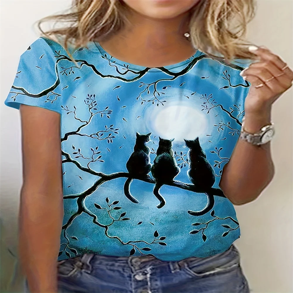 

Cute Cat Print O-Neck TShirt Women Tee Oversized Casual Short Sleeve T-Shirt For Spring Summer Streetwear Daily Women's Clothing