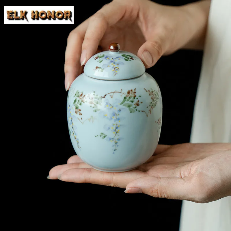 Pure Hand-painted Wisteria Ru Kiln Tea Box Organizer Moisture-proof Traditional Storage Tank Containers Tea Caddy Cafes Craft