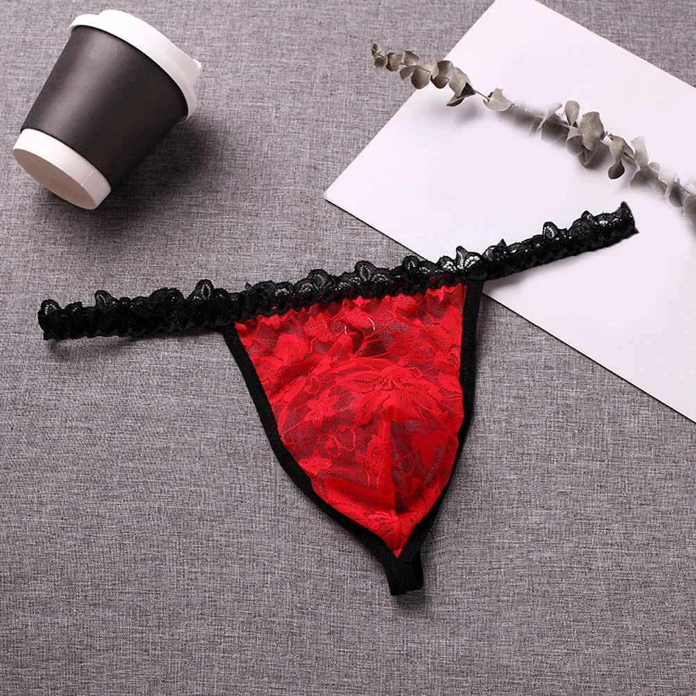 Men Lace Thong G String Basic Underwear Comfortable Loose See Through Color Matching Underpant T Back