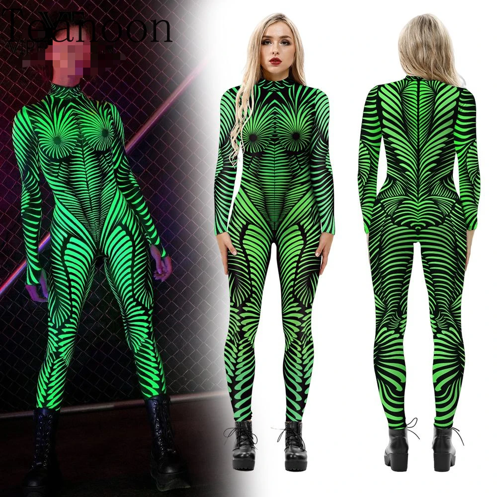 Teanoon Native Green Halloween Cosplay Costume Adult Woman Zentai Bodysuits Party Show Elastic Tight Outfit Festival Jumpsui