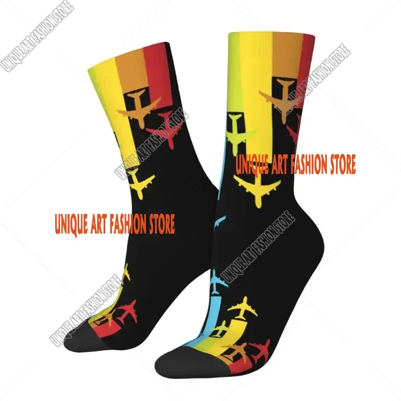 Rainbow Airplanes Chemtrails Men's Crew Socks Unisex Funny Funny Aviation Fighter Pilot Dress Sock