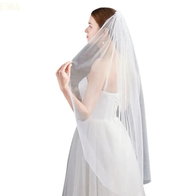 

E56A Beadwork Pearls Tulle Bridal Veil with Comb Hair Decoration For Evening Galas Proms Bridal Shower Wedding Ceremony
