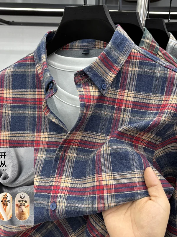 

Men's Pure Cotton Fleece Lined Long Sleeve Shirt Winter Thick Warm Plaid Casual Shirt Stylish Urban Commute Fashionable Slim Fit