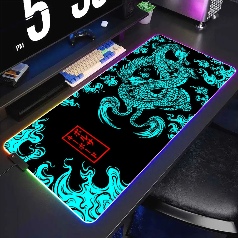 Japanese Dragon Large Gaming RGB Colorful Mousepad XXL Keyboard Gamer Mouse Pad LED Table Luminous Deskmat Anime 90x40 Mouse Mat