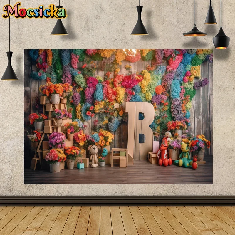 

Mocsicka Spring Photography Backdrops Floral Wooden Board Backgrounds Birthday Party Kids Portraits Cake Smash Photo Banners
