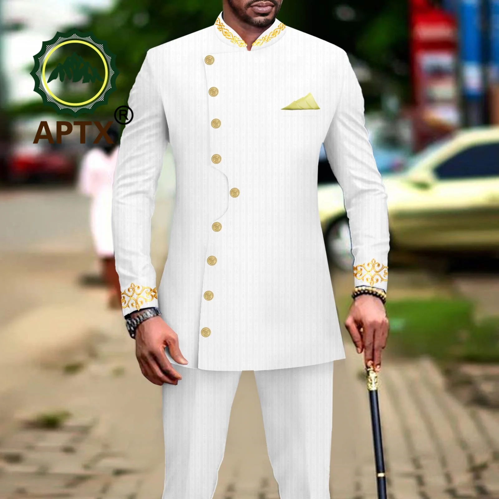 African Suits for Men Business Causal 2 PCS Set Dashiki Bazin Riche White Jacket and Trousers  Formal Wear for Wedding A2316052