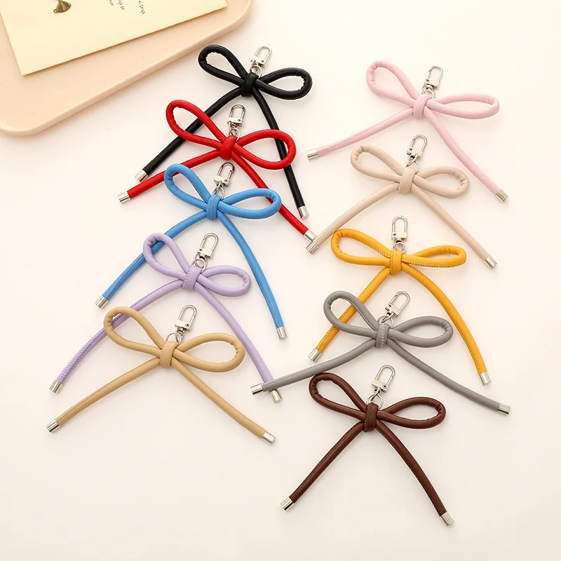 New Korean Fashion Vintage Leather Bow Keychain Charms Bag Pendant Mobile Phone Pendant Accessories Y2K Jewelry Keychain