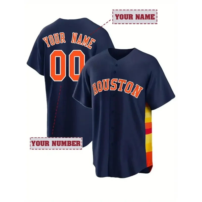 Customized Name And Number Men's Embroidery Baseball Jersey Houston Blue V-Neck Personalized Short Sleeve Button Down Shirts