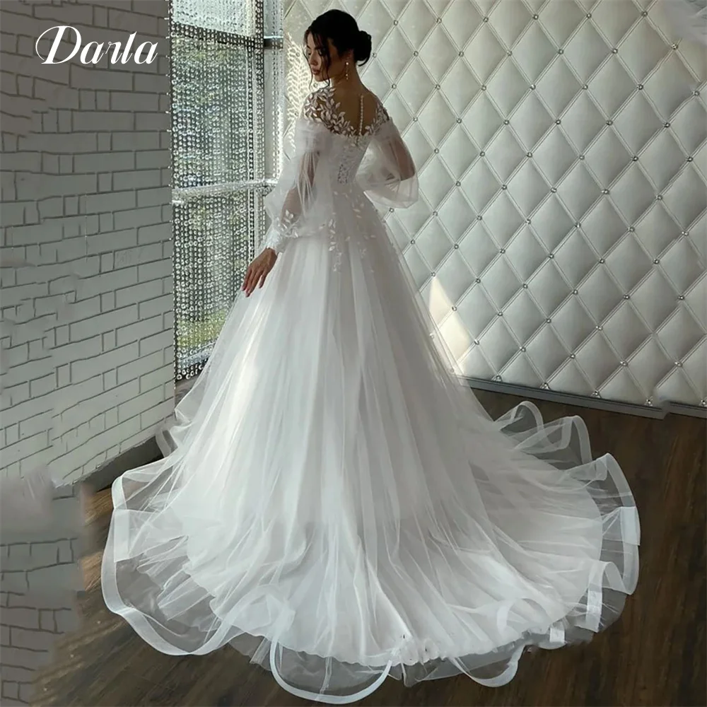 Darla-Robe de Mariée à Col Rond et Manches sulfpour Femme, Élégante, avec Appliques en Dentelle, Ligne A, Quelle que soit la Traîne de Balayage