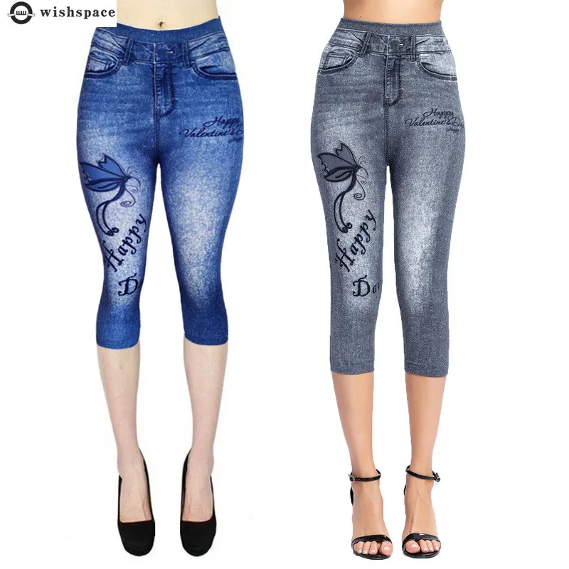 

2022 New Retro Butterfly Printed Denim Leggings Capri Pants High Elasticity Slim Fit Hip Lifting and Bottoming Trousers Pants