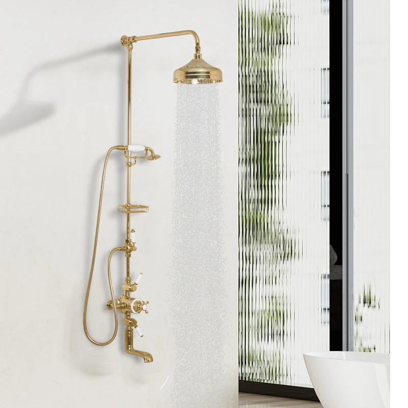 

High Quality Classic Brass Thermostatic Bathroom Bathtub Shower Faucet Set with Slide Bar Shower System Hotel Use