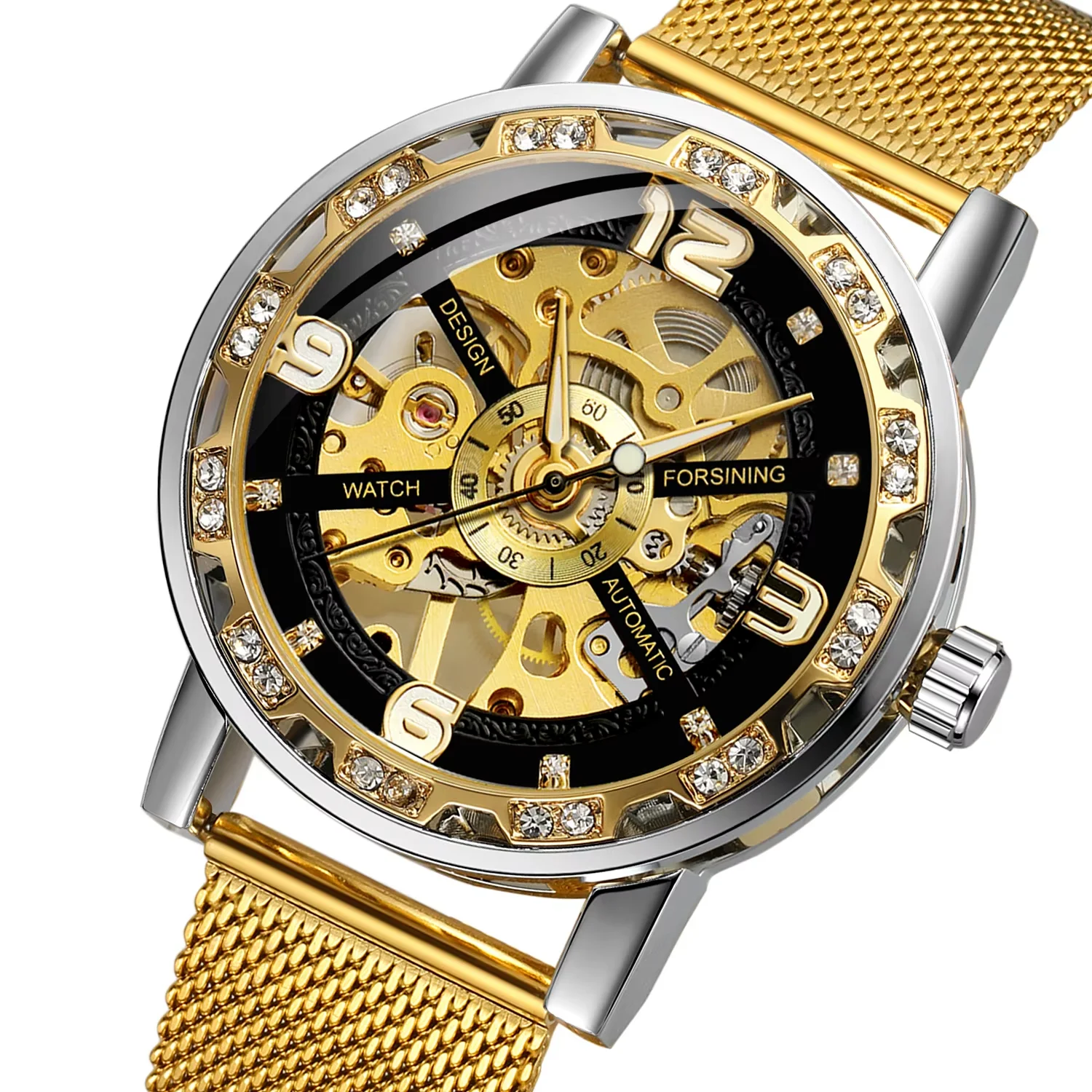 FORSINING mechanical watch hollowed-out nail digital double scale mechanical watch Mesh strap wrist watch Men's watch