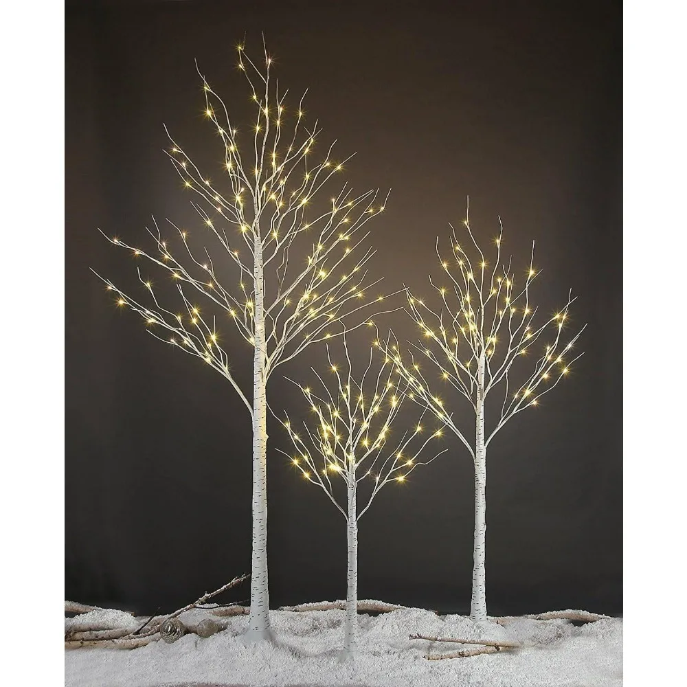 4-foot, 6-foot, and 8-foot birch trees, warm white, 3-piece set, Christmas decoration, for indoor and outdoor use