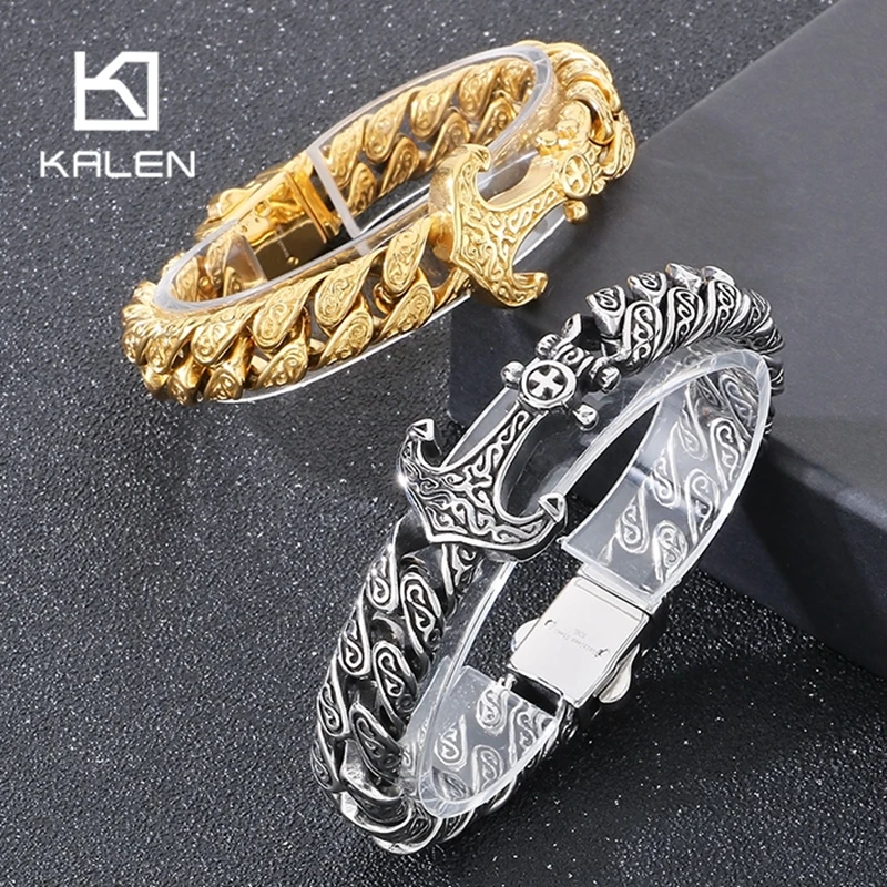 Kalen Vintage Totem Thick Bracelet for Men Punk Cuban Chain Stainless Steel Jewelry Male Charm 12mm Mate Accessories Wholesale