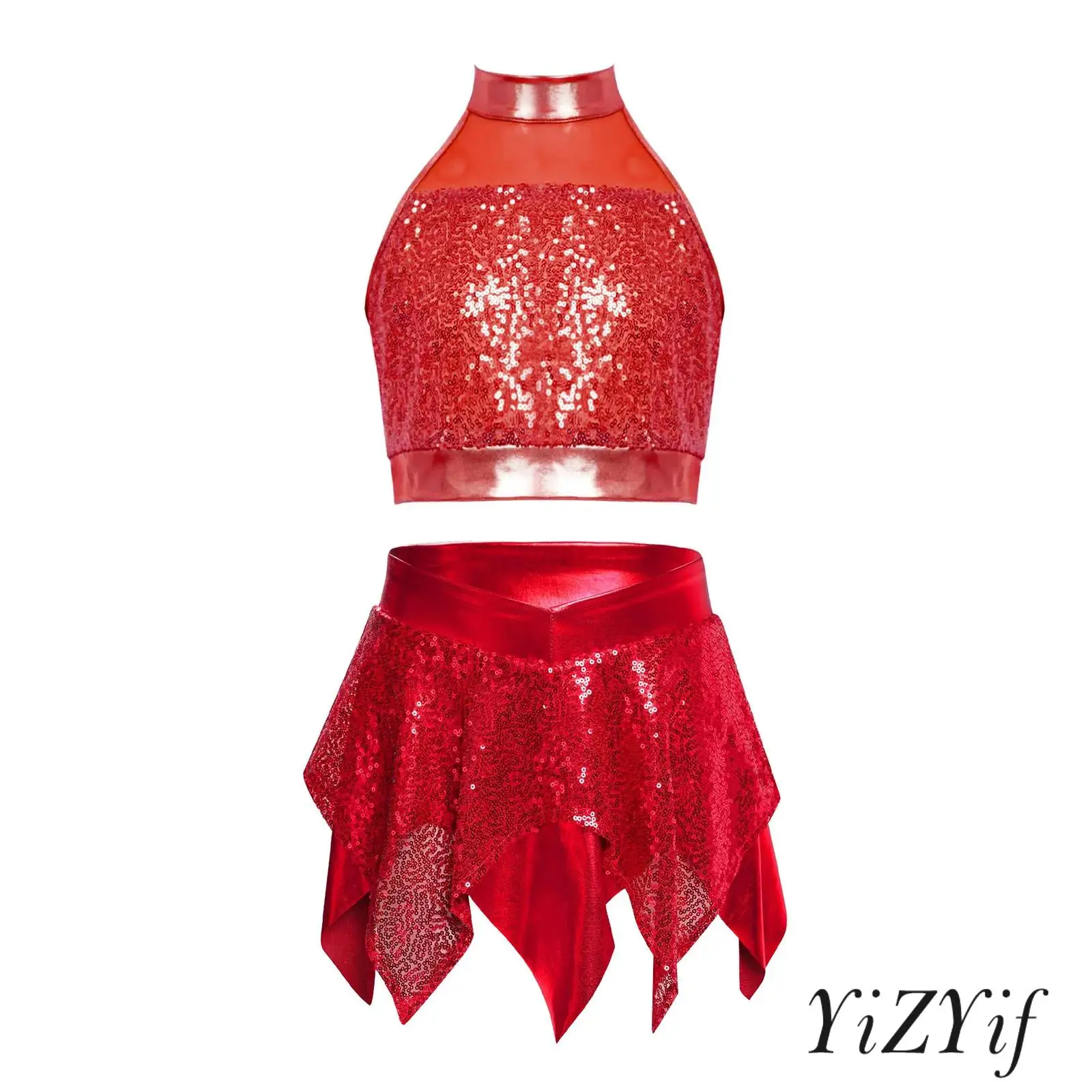 

2Pcs Kids Girls Jazz Dance Performance Outfit Sleeveless Keyhole Back Sparkly Sequins Crop Top with Asymmetric Metallic Skirt