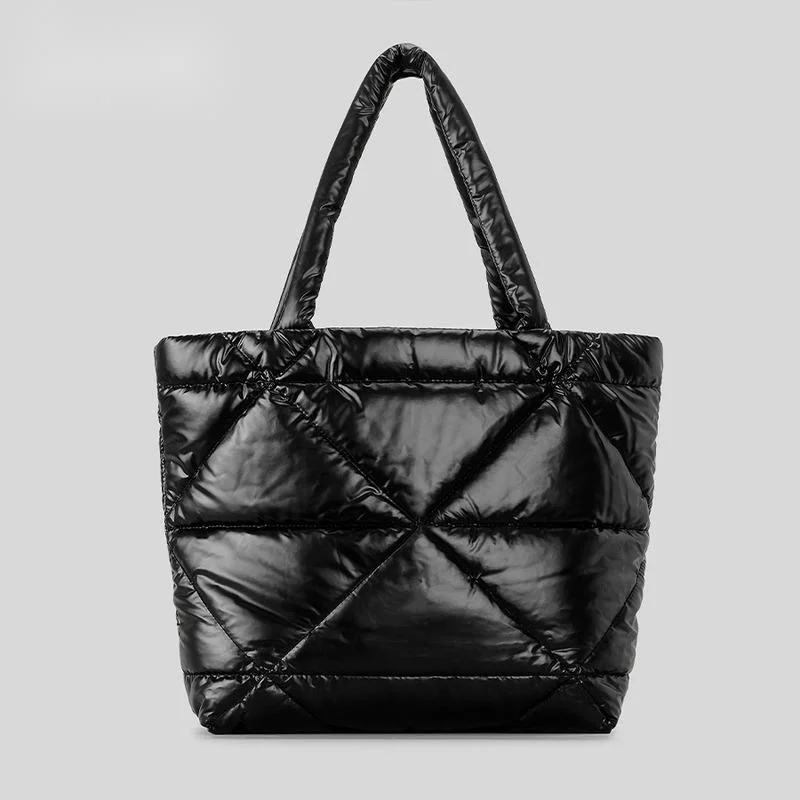 New Trend Women's Black Down Shoulder Bag Portable Tote Bag Fashion Plaid Padded Crossbody Bag Quilted Girls Shopping Bag