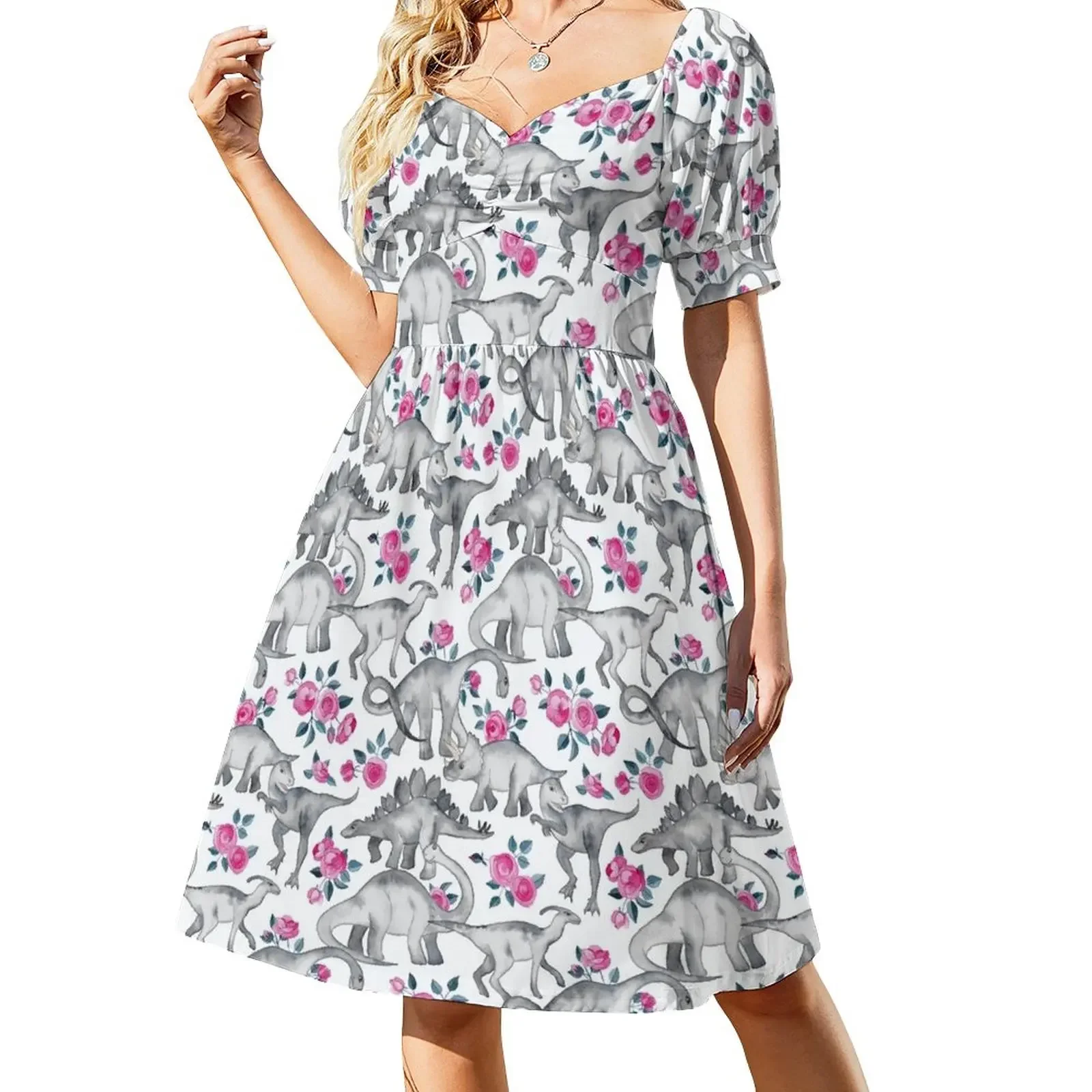 

Dinosaurs and Roses – white Short-Sleeved Dress long sleeve dress dress party night summer woman 2025