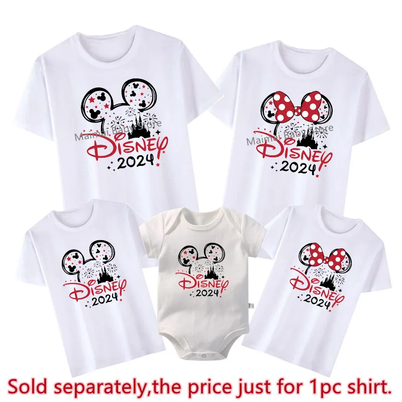 2024 Disney Trip Mickey Minnie Mouse Family Matching Shirts Cotton Father Mother Kids Tshirts Baby Rompers Matching Outfits