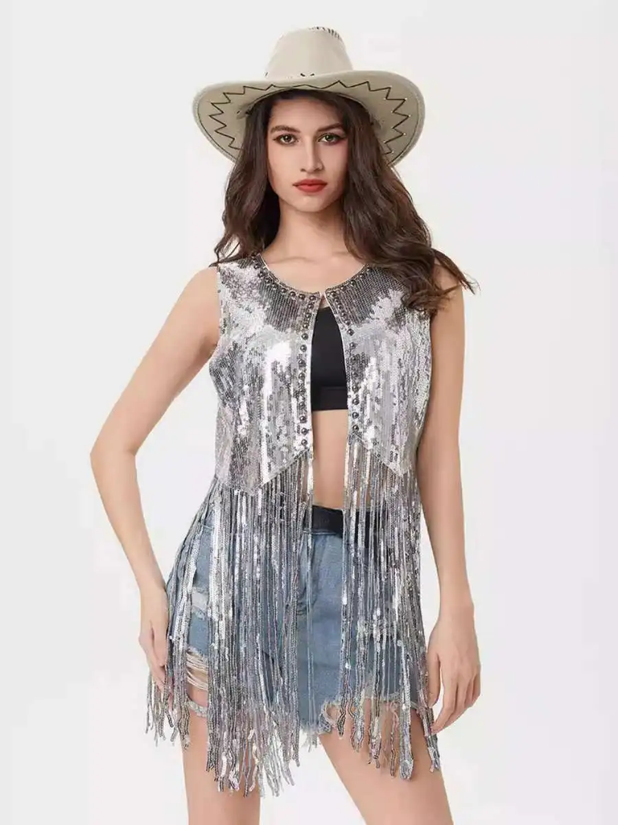 

New Festival Sequin Fringe Jaet Women's Cardigan Vest ort Length Inner Wear Polyester Fabric No Brand Registered