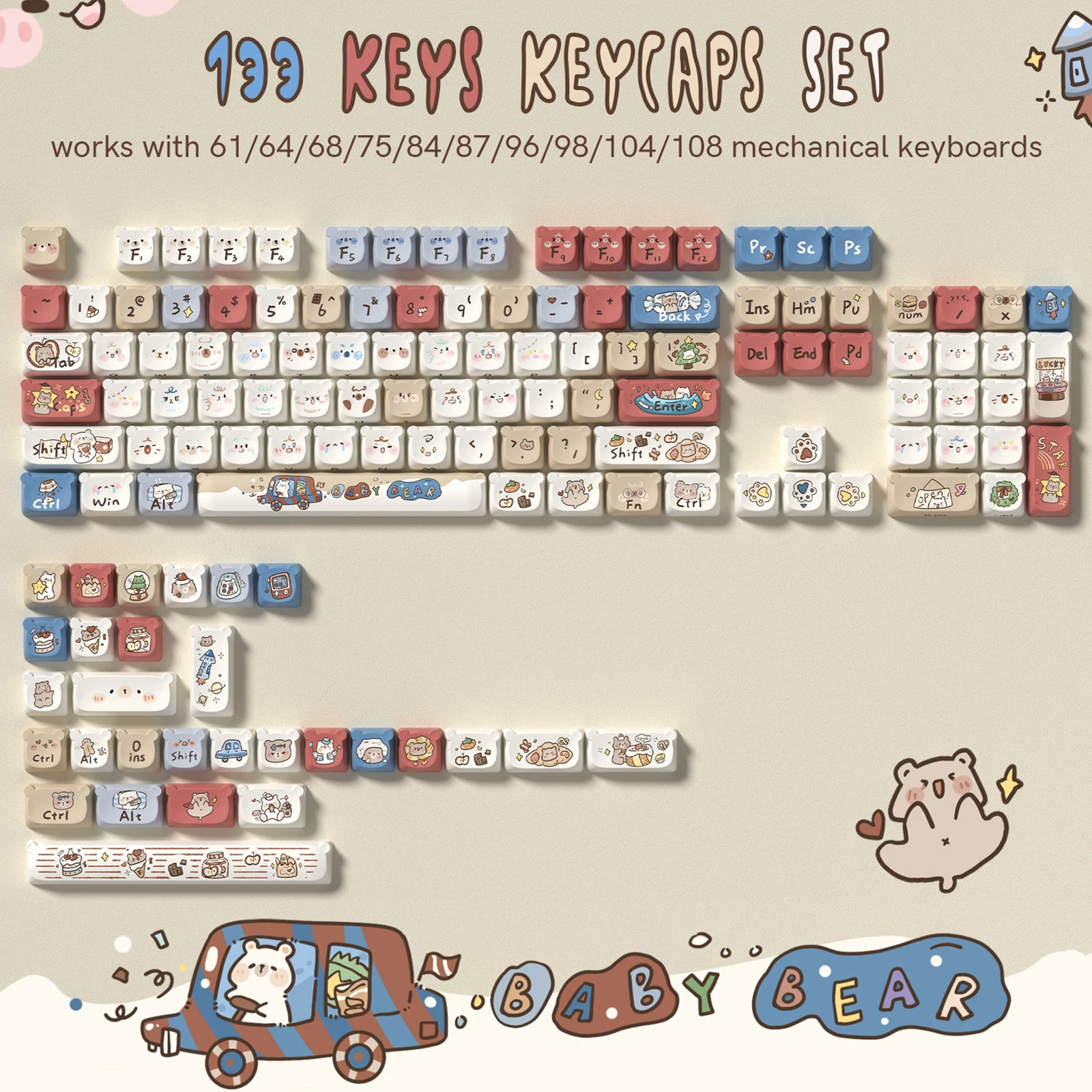 133 Keys MAO Profile  Cute Bear PBT Keycaps Customs Dye Sub Key caps for 61/87/104 Cherry MX Switch Gaming Mechanical Keyboard