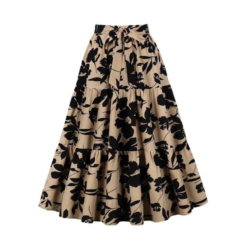 2024 Autumn elegant floral print elastic waist bow belt casual party skirt