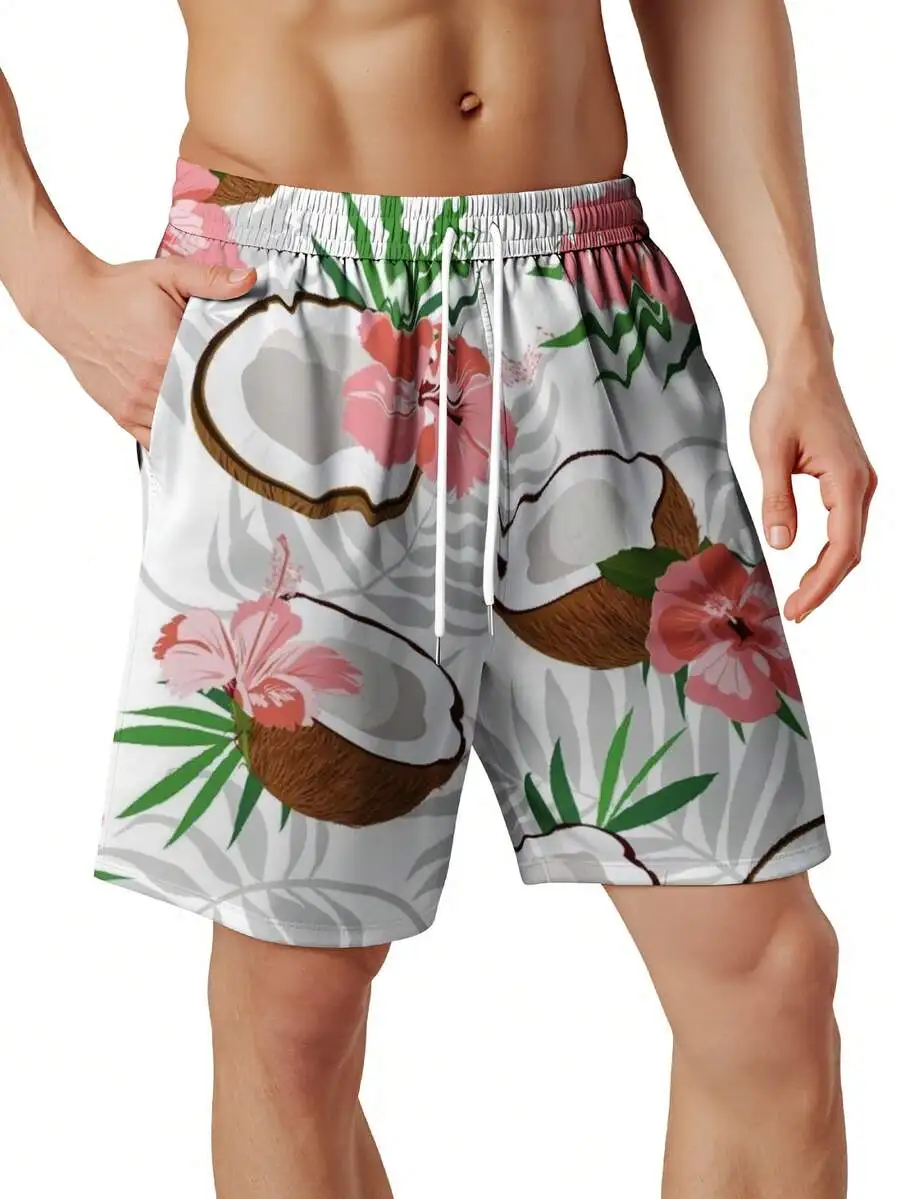 

Tropical Coconut And Hibiscus Print Quick Dry Swim Trunks For Men With Drawstring Waist