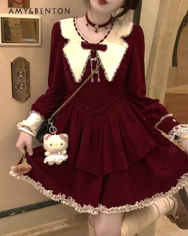 

2025 Spring and Autumn New Women's Red Bow Collar Long Sleeve Waist-Cinching Velvet Short Lace Trim Multi-Layer Dress
