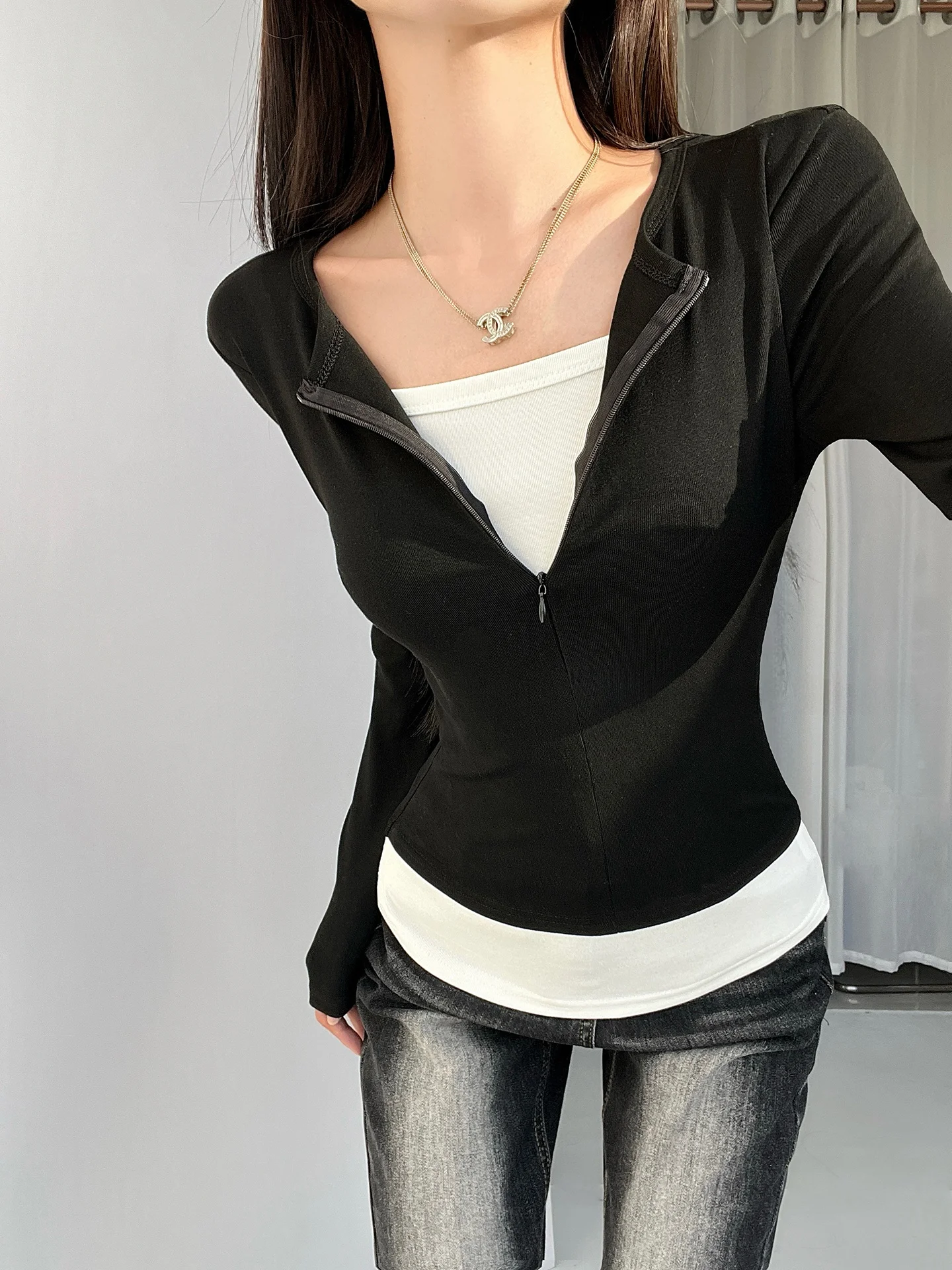 

Slim Fit Long Sve T-irt Women's Spring Season Slimming Design f Zipper Splice Top Cotton Village Daily Sle