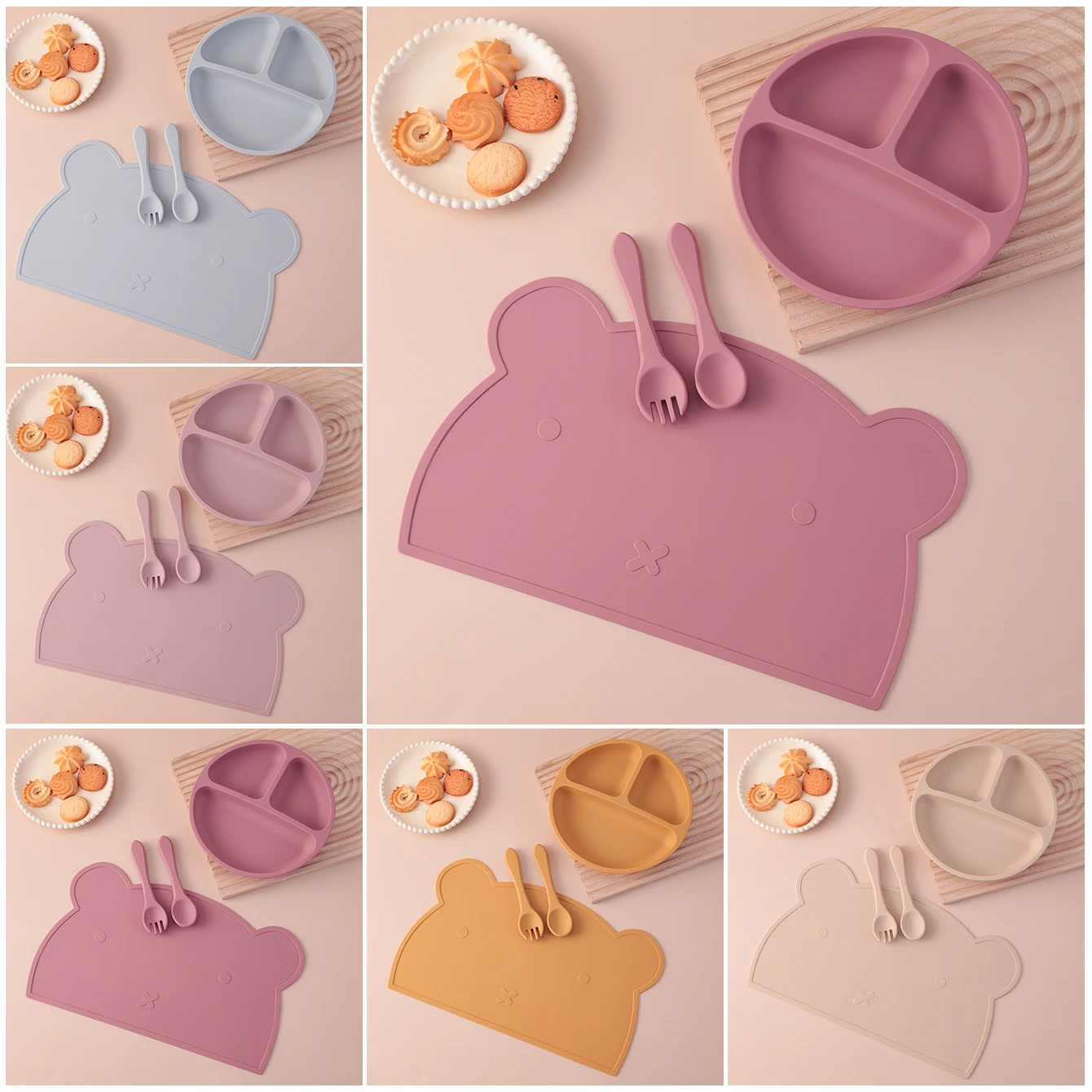 

Color Kids Silicone Sucker Dishes Plate Spoon Fork Set Dinner Set Feeding Placemat For Toddler Meals Tableware Babies Items