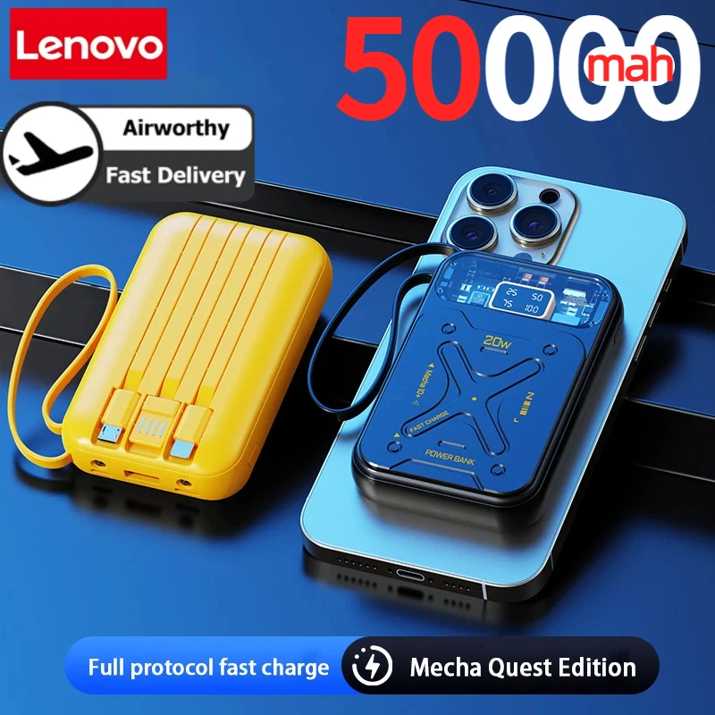 Lenovo 50000mAh Large Capacity Mech Wind Mobile Power Bank with 20W Fast Charging built-in cable Suitable for iPhone Samsung