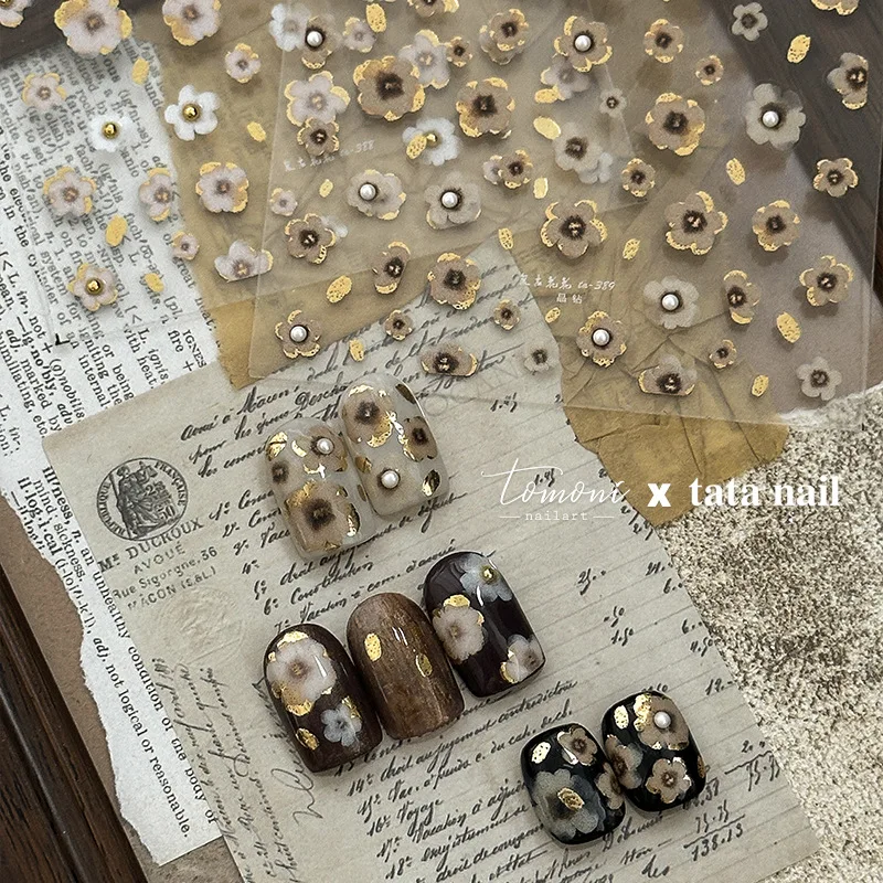 Retro Flowers 5D Nail Stickers Petal Pearl Rhinestones Halo Dyeing Chic Daisy Gold Foil Floral Nail Art Stickers Manicure Decals