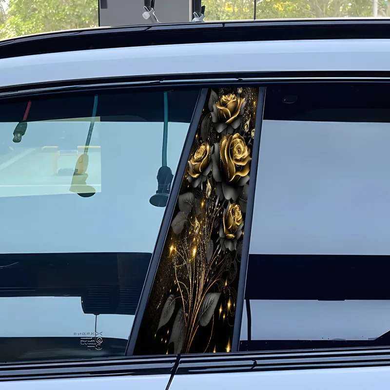 2 pieces, car middle column black gold rose sticker, car window trim, scratch-proof, creative decorative b-pillar sticker