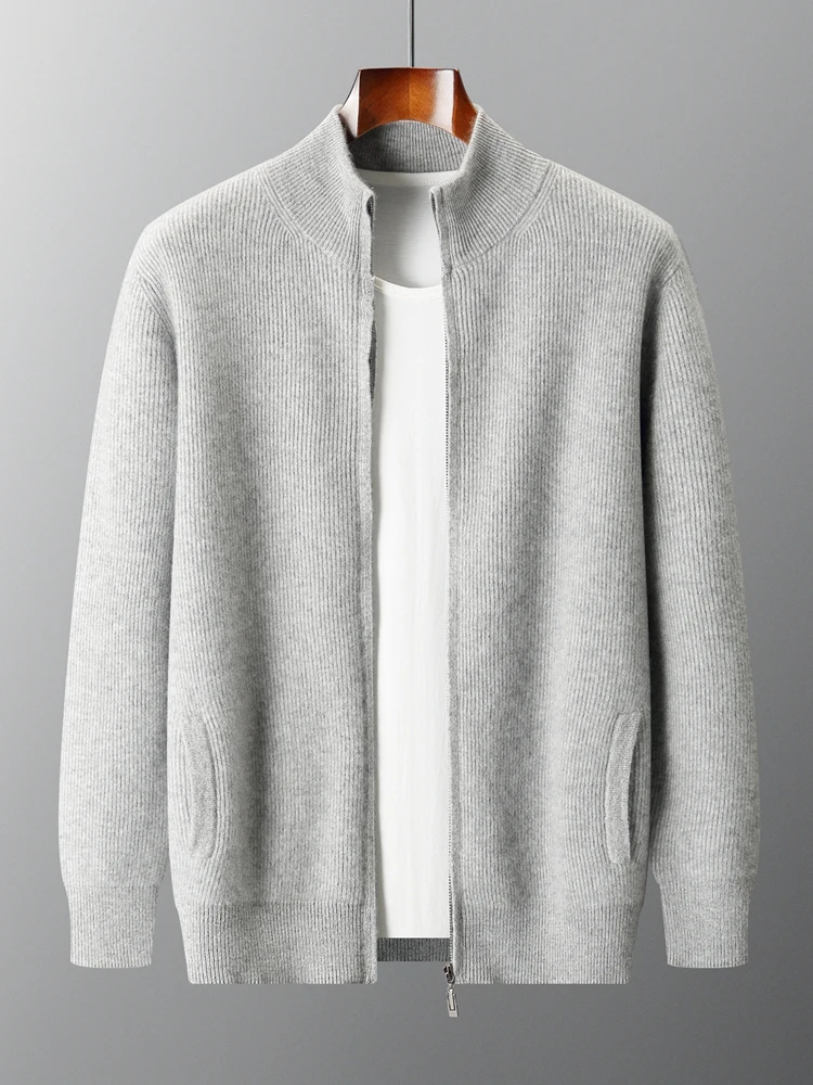 

Шикарный свитер из 100% кашемира с воротником-стойкой, роскошный мужской вязаный кардиган на молнии, мягкое толстое повседневное пальто, осенне-зимние кашемировые новые топы