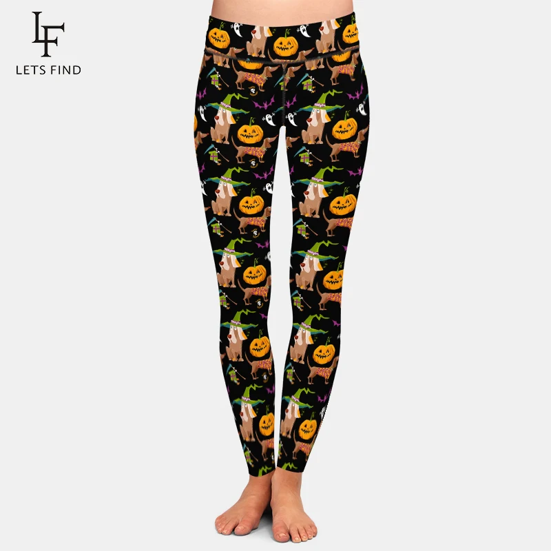 LETSFIND Mode 3D Halloween Anjing Hantu Kelelawar dan Legging Motif Labu Legging Pinggang Tinggi Elastis Celana Kebugaran