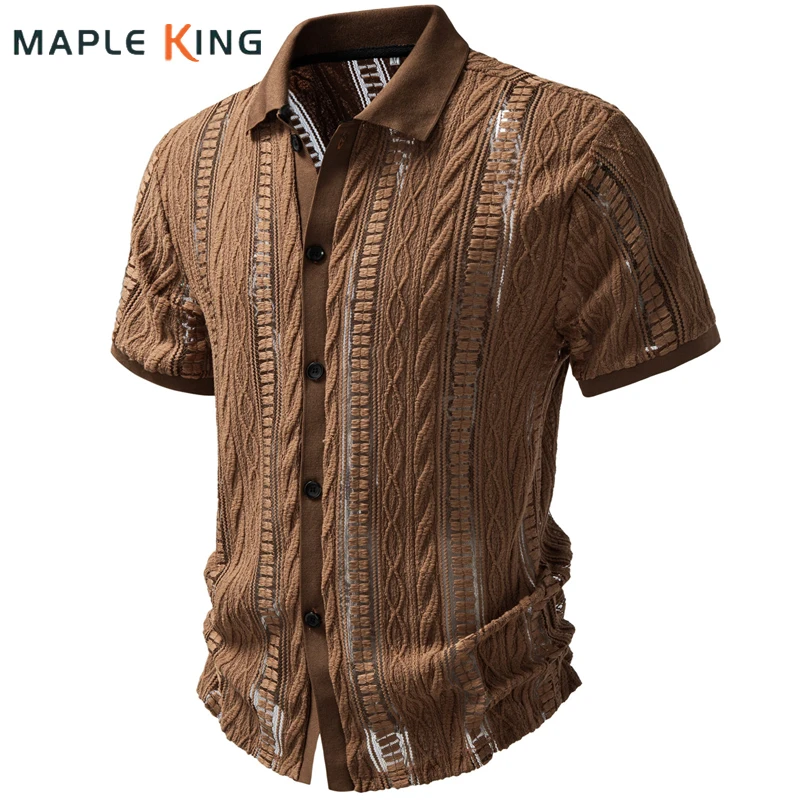 Luxury See Through Shirt Dress for Men Summer Camisas Hawaiana Hombre High Quality Knitted Hollow Cardigan Streetwear Man Shirts